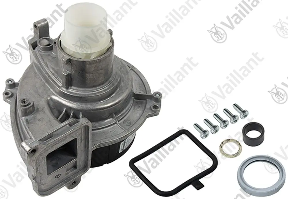 Vaillant Gebläse mit Metallgehäuse, Anschluss für Luftzufuhr, inklusive Schrauben und Dichtungen, geeignet für Heizsysteme.